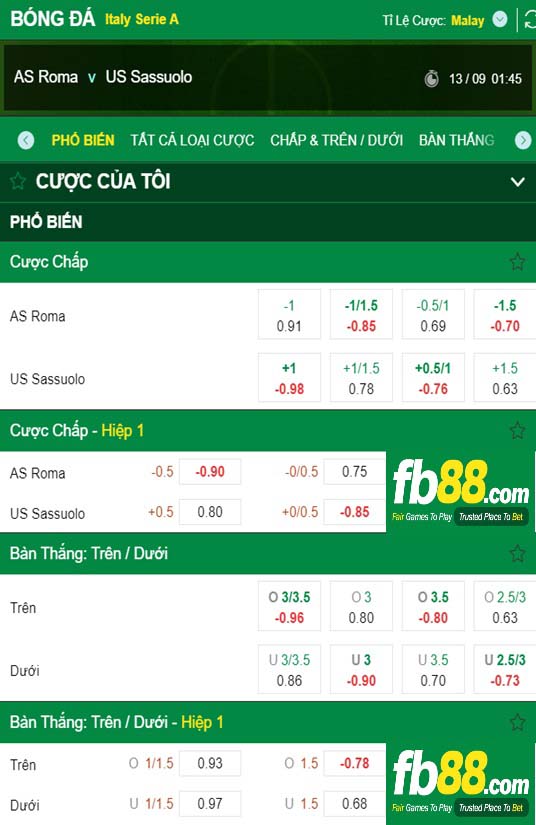 Fb88 tỷ lệ kèo trận đấu Roma vs Sassuolo