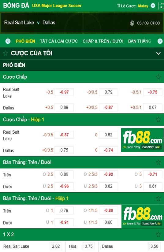Fb88 tỷ lệ kèo trận đấu Salt Lake vs FC Dallas 05-09-2021;