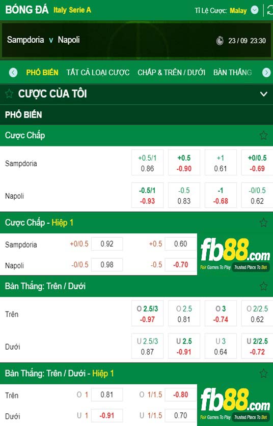 Fb88 tỷ lệ kèo trận đấu Sampdoria vs Napoli