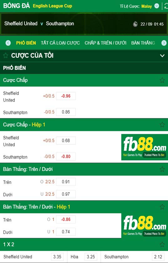 Fb88 tỷ lệ kèo trận đấu Sheffield United vs Southampton