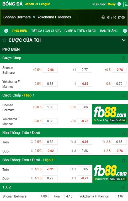 Fb88 tỷ lệ kèo trận đấu Shonan Bellmare vs Yokohama F Marinos