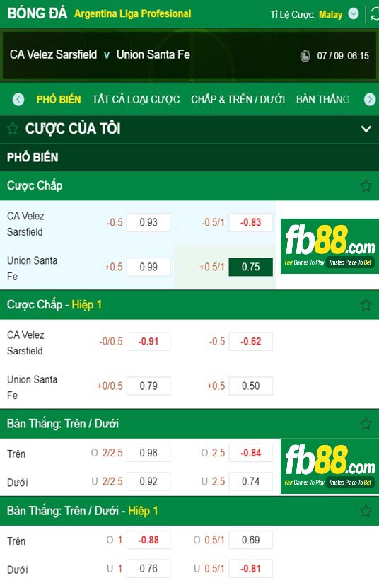 Fb88 tỷ lệ kèo trận đấu Velez Sarsfield vs Union Santa Fe