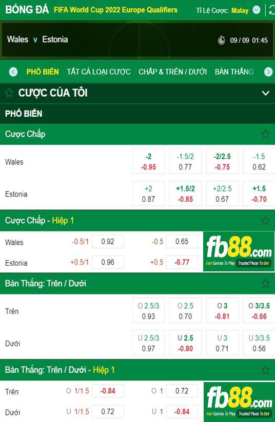 Fb88 tỷ lệ kèo trận đấu Wales vs Estonia
