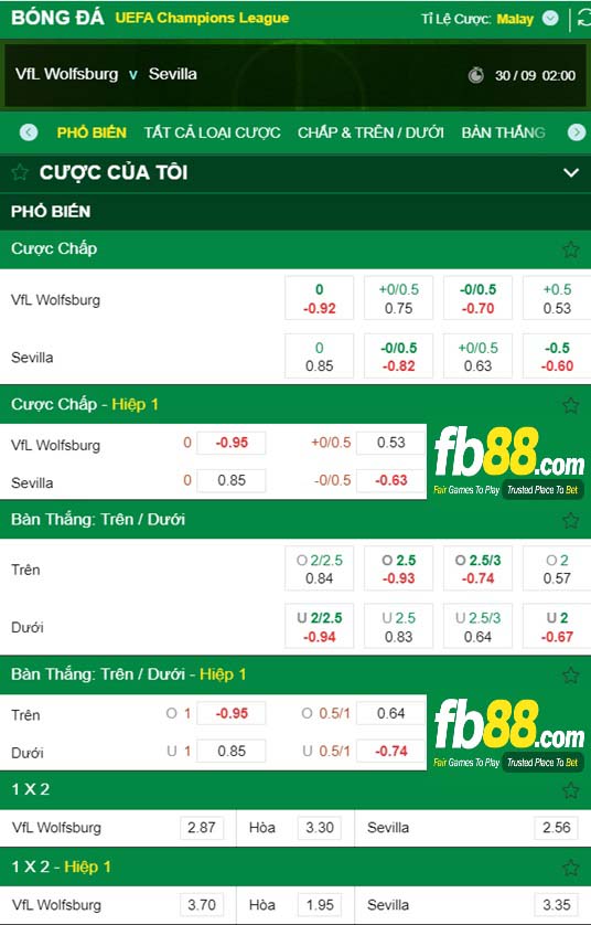 Fb88 tỷ lệ kèo trận đấu Wolfsburg vs Sevilla