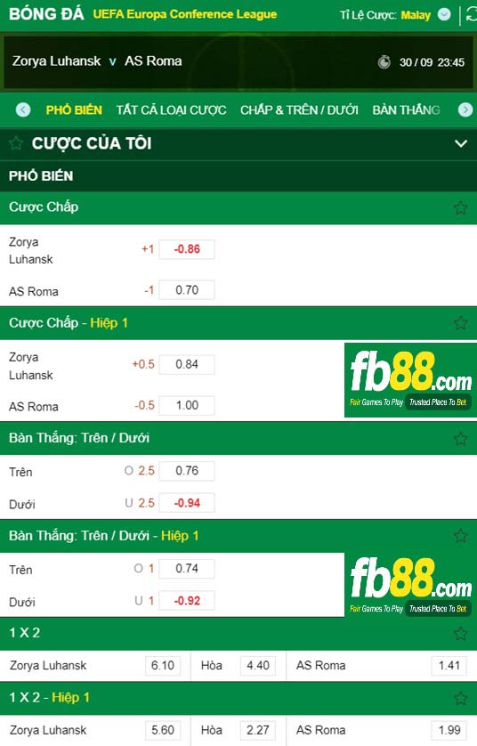 Fb88 tỷ lệ kèo trận đấu Zorya vs Roma