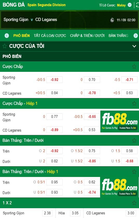 Fb88 tỷ lệ kèo trận đấu Sporting Gijon vs Leganes