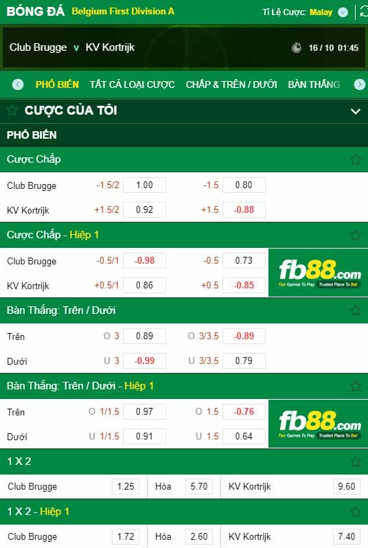 fb88-chi tiết kèo trận đấu Club Brugge vs Kortrijk