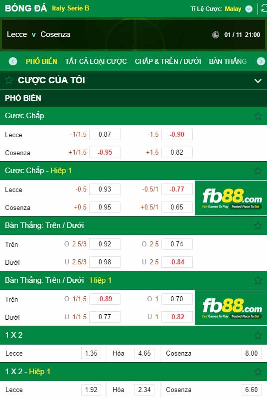 fb88-chi tiết kèo trận đấu Lecce vs Cosenza