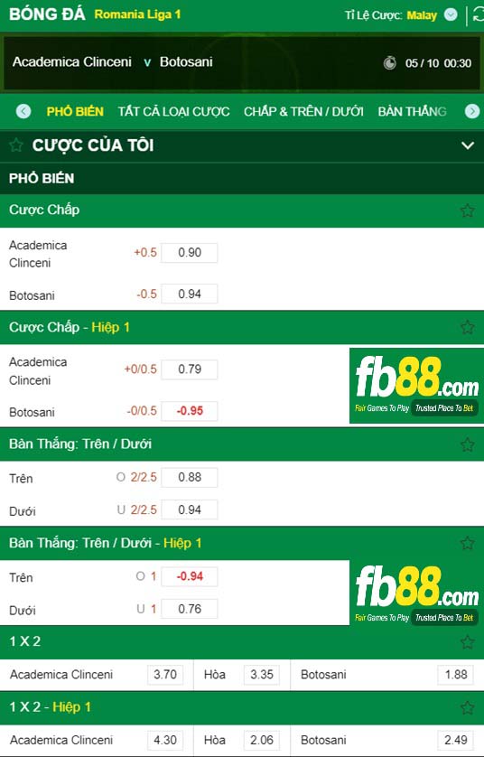 Fb88 tỷ lệ kèo trận đấu Academica Clinceni vs Botosani
