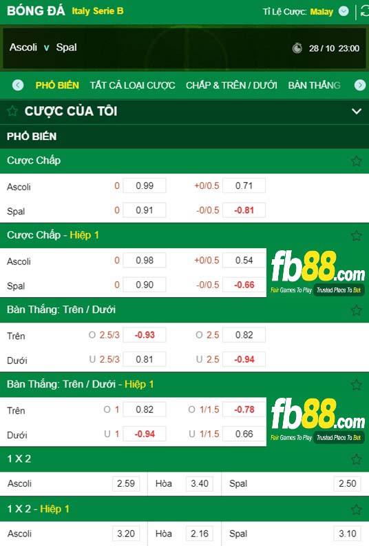 Fb88 tỷ lệ kèo trận đấu  Ascoli vs Spal