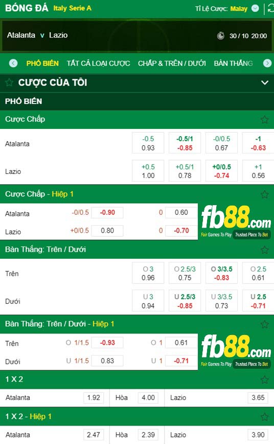 Fb88 tỷ lệ kèo trận đấu Atalanta vs Lazio