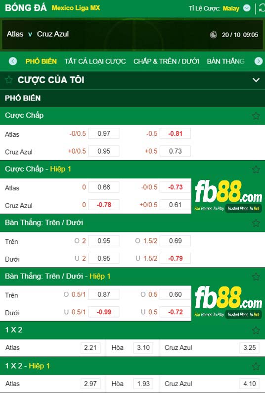 Fb88 tỷ lệ kèo trận đấu Atlas vs Cruz Azul