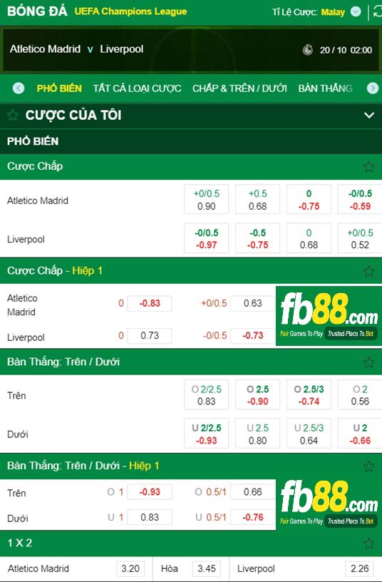 Fb88 tỷ lệ kèo trận đấu Atletico Madrid vs Liverpool