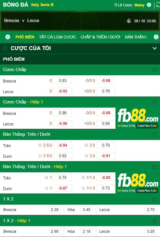 Fb88 tỷ lệ kèo trận đấu Brescia vs Lecce