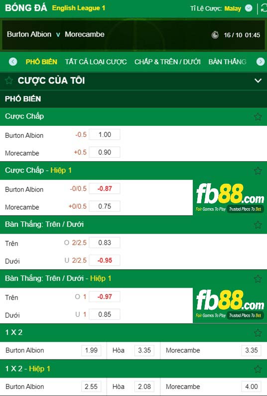 Fb88 tỷ lệ kèo trận đấu Burton vs Morecambe
