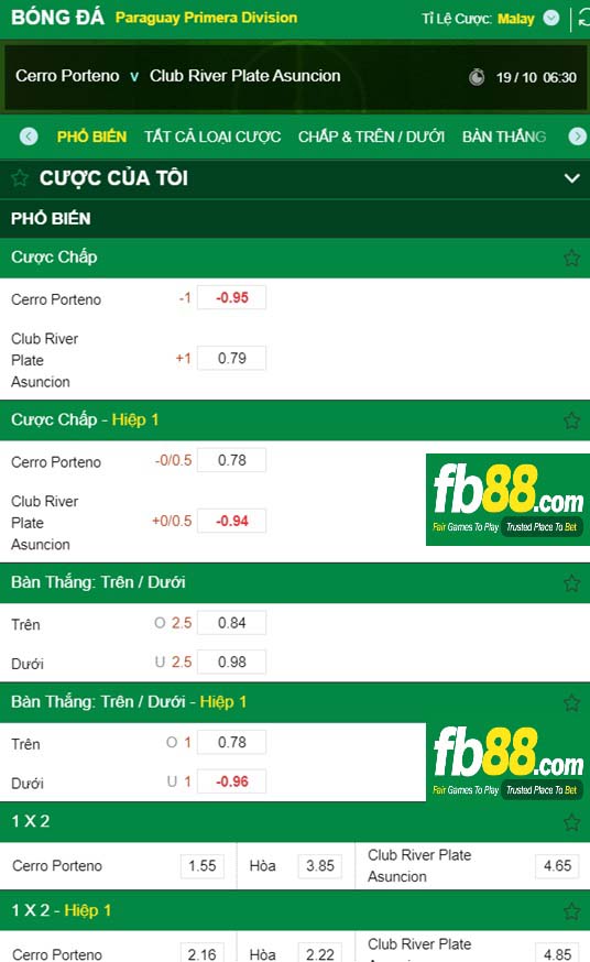 Fb88 tỷ lệ kèo trận đấu Cerro Porteno vs CA River Plate