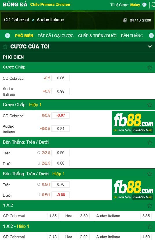 Fb88 tỷ lệ kèo trận đấu Cobresal vs Audax Italiano