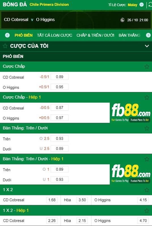 Fb88 tỷ lệ kèo trận đấu Cobresal vs O Higgins
