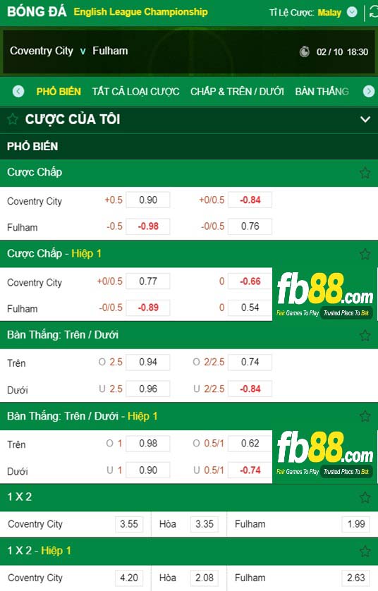 Fb88 tỷ lệ kèo trận đấu Coventry vs Fulham