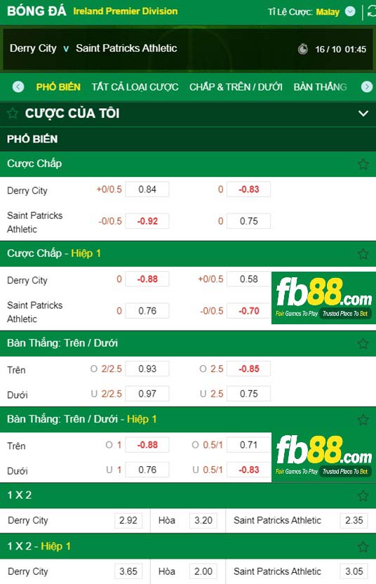 Fb88 tỷ lệ kèo trận đấu Derry City vs St. Patrick’s
