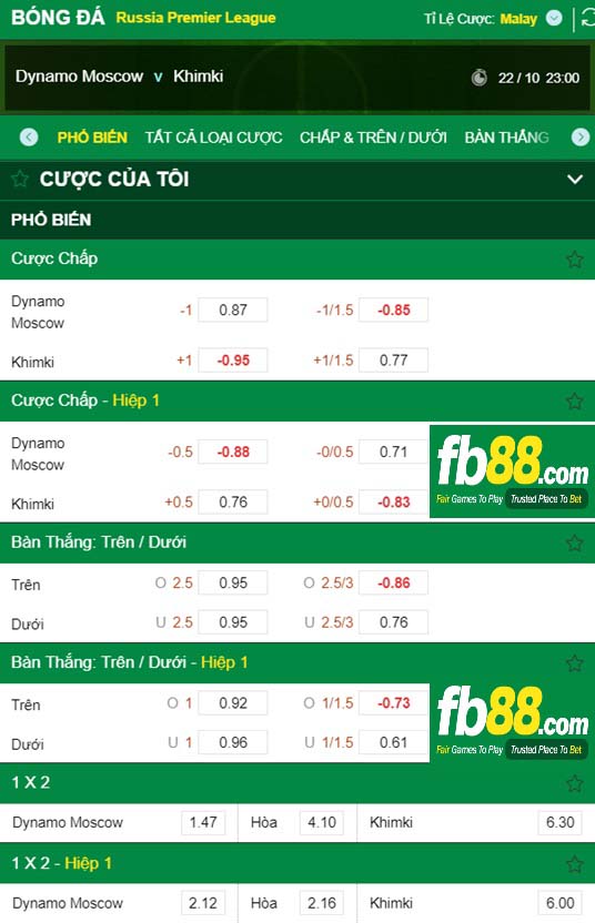 Fb88 tỷ lệ kèo trận đấu Dynamo Moscow vs Khimki