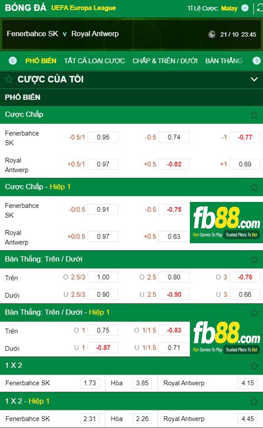 Fb88 tỷ lệ kèo trận đấu Fenerbahce vs Antwerp