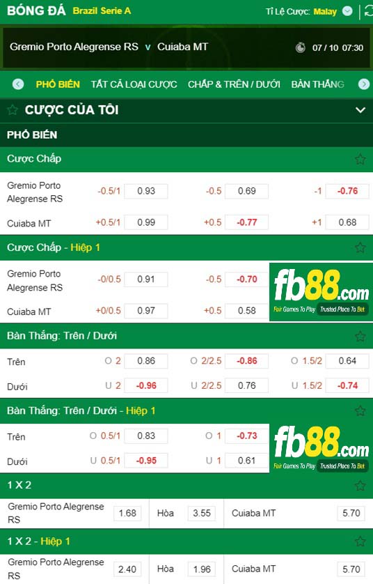 Fb88 tỷ lệ kèo trận đấu Gremio vs Cuiaba