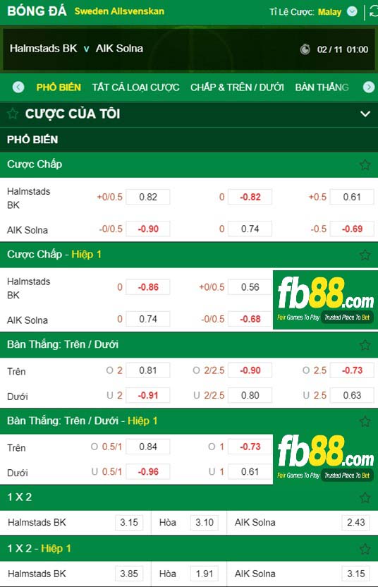 Fb88 tỷ lệ kèo trận đấu Halmstads vs AIK Solna