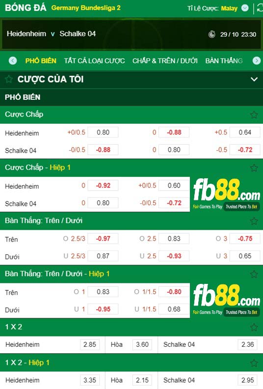Fb88 tỷ lệ kèo trận đấu Heidenheim vs Schalke