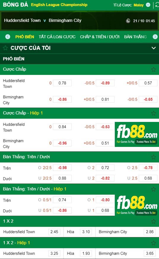 Fb88 tỷ lệ kèo trận đấu Huddersfield vs Birmingham