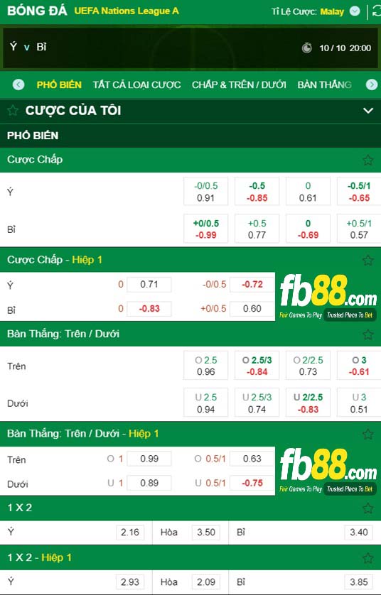 Fb88 tỷ lệ kèo trận đấu Italia vs Bi