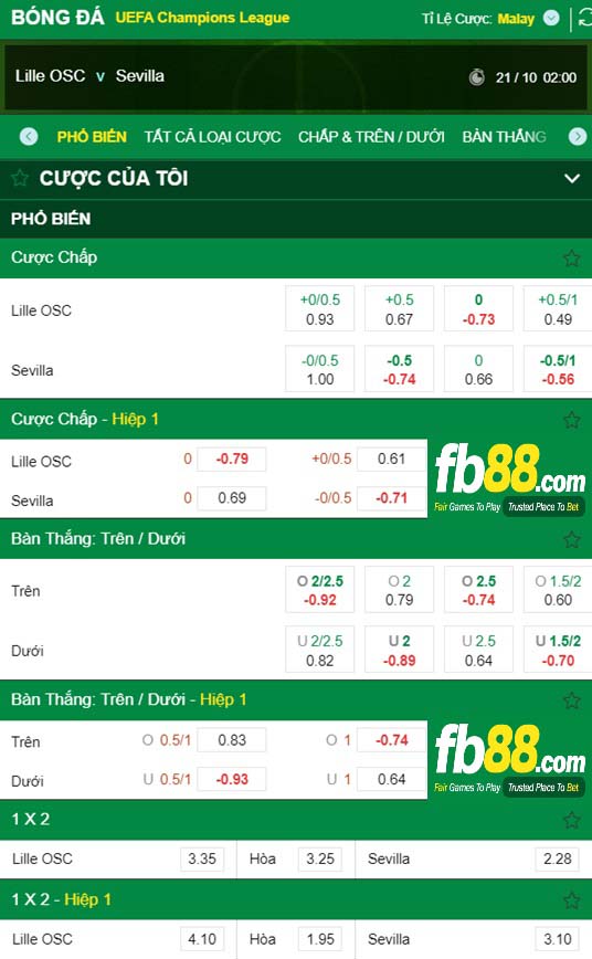 Fb88 tỷ lệ kèo trận đấu Lille vs Sevilla