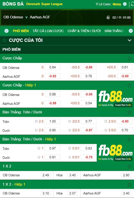 Fb88 tỷ lệ kèo trận đấu Odense vs Aarhus AGF