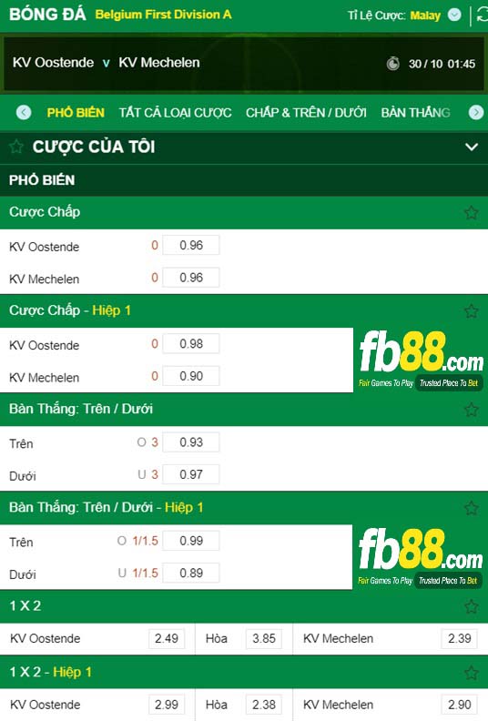Fb88 tỷ lệ kèo trận đấu Oostende vs Mechelen
