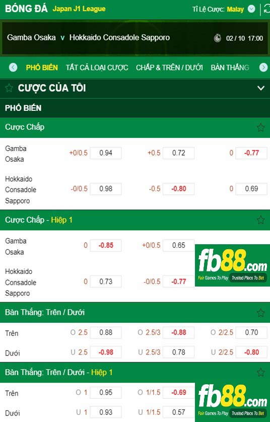 Fb88 tỷ lệ kèo trận đấu Gamba Osaka vs Consadole Sapporo