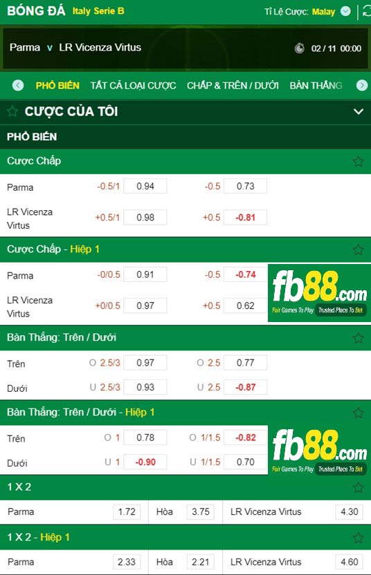 Fb88 tỷ lệ kèo trận đấu Parma vs Vicenza