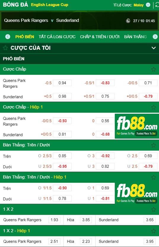 Fb88 tỷ lệ kèo trận đấu QPR vs Sunderland