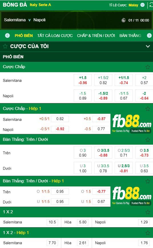 Fb88 tỷ lệ kèo trận đấu Salernitana vs Napoli