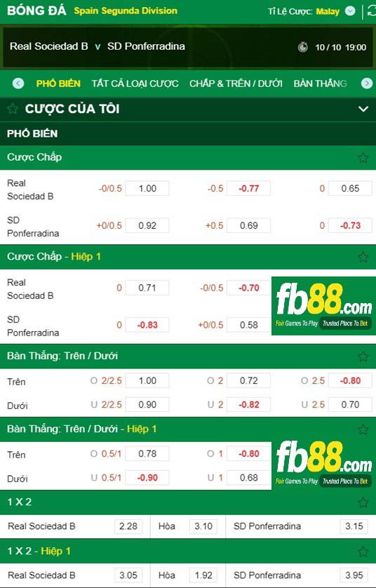 Fb88 tỷ lệ kèo trận đấu Sociedad B vs Ponferradina
