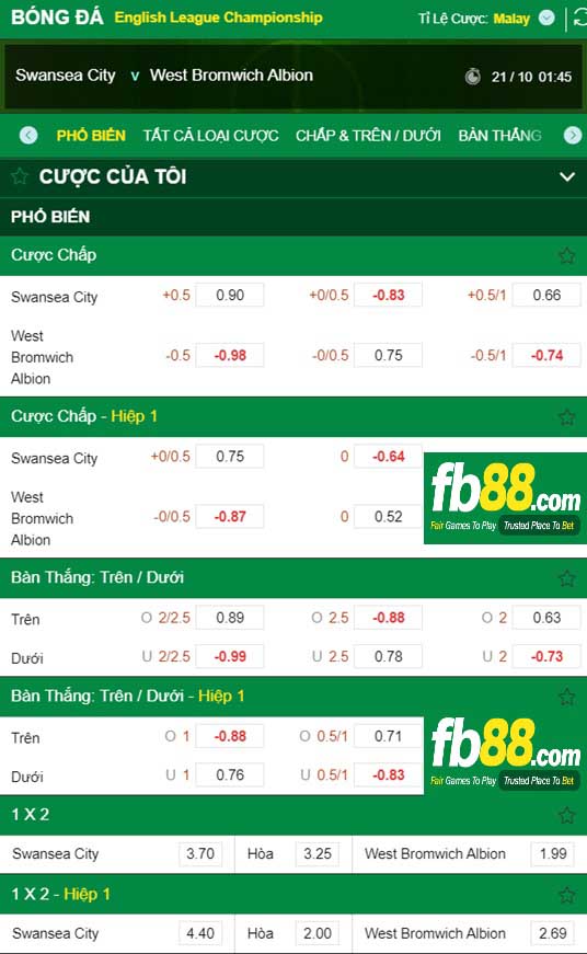 Fb88 tỷ lệ kèo trận đấu Swansea vs West Brom