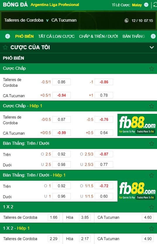 Fb88 tỷ lệ kèo trận đấu Talleres Cordoba vs Tucuman