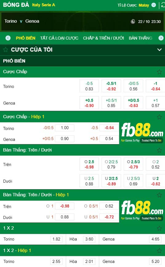 Fb88 tỷ lệ kèo trận đấu Torino vs Genoa