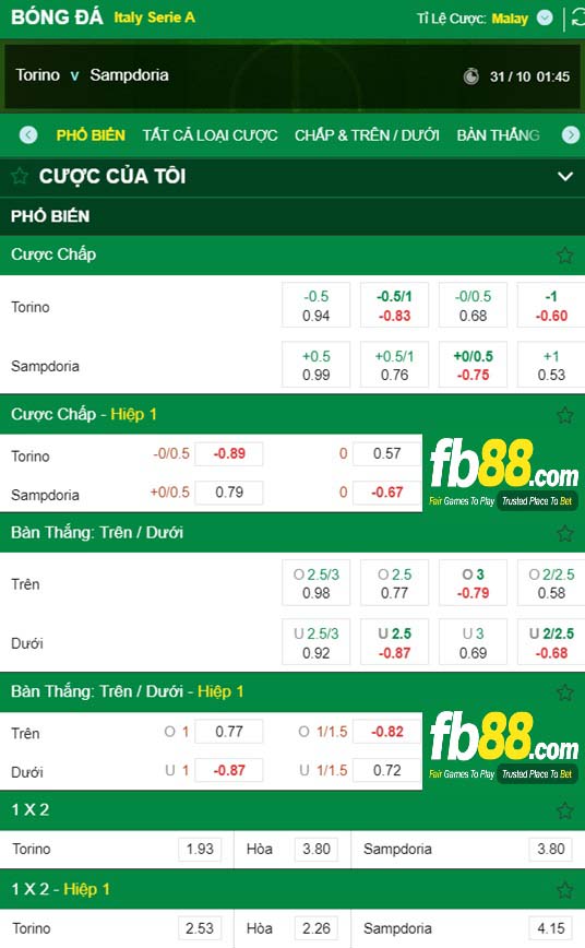 Fb88 tỷ lệ kèo trận đấu Torino vs Sampdoria
