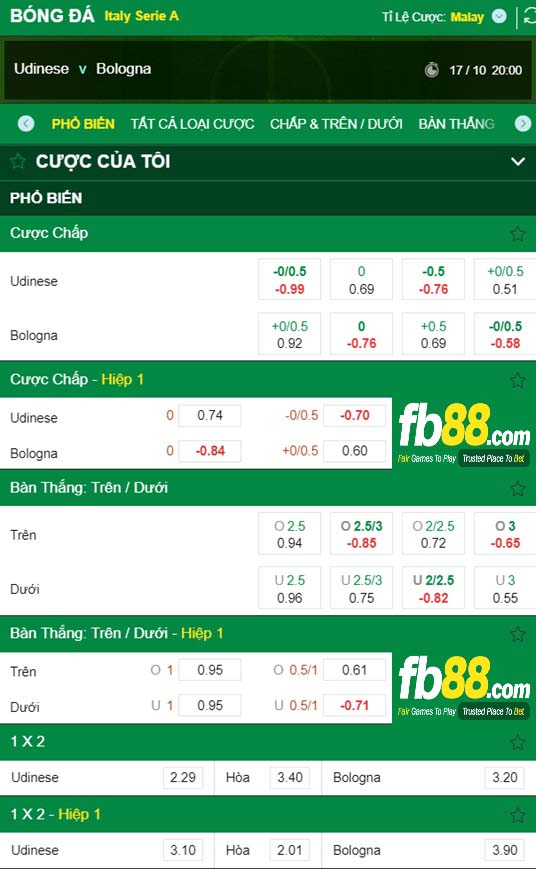 Fb88 tỷ lệ kèo trận đấu Udinese vs Bologn