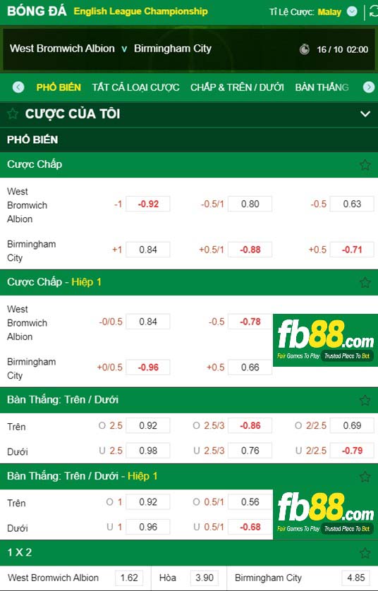 Fb88 tỷ lệ kèo trận đấu West Brom vs Birmingham