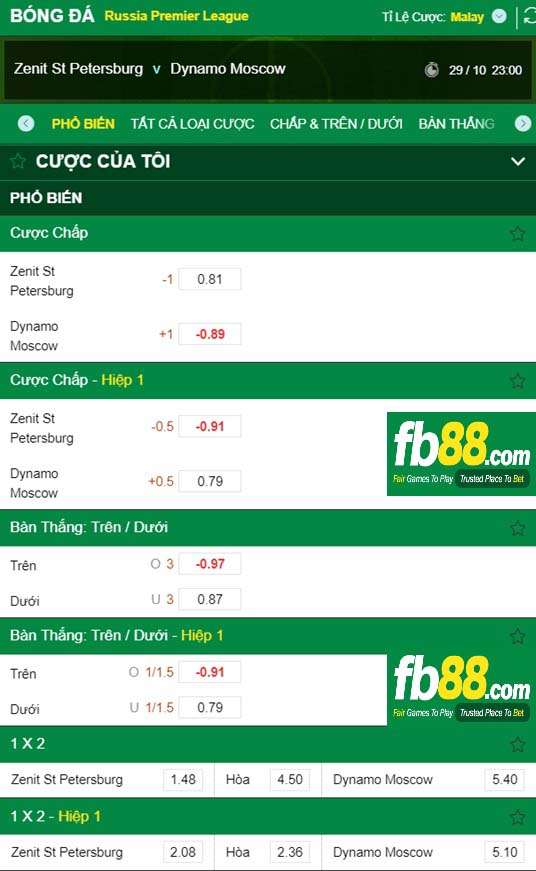 Fb88 tỷ lệ kèo trận đấu Zenit vs Dynamo Moscow