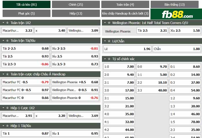 fb88-chi tiết kèo trận đấu Macarthur vs Wellington Phoenix