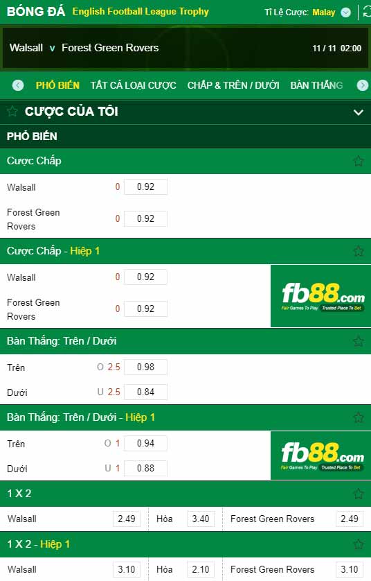 fb88-chi tiết kèo trận đấu Walsall vs Forest Green