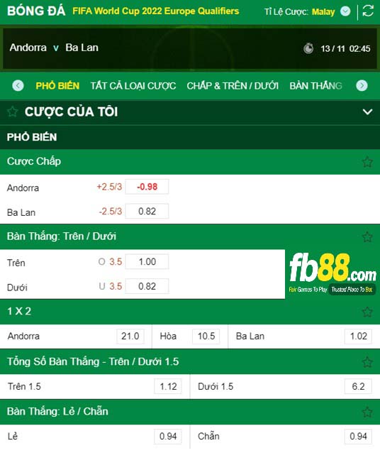 Fb88 tỷ lệ kèo trận đấu Andorra vs Ba Lan