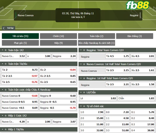 Fb88 tỷ lệ kèo trận đấu Cosenza vs Reggina